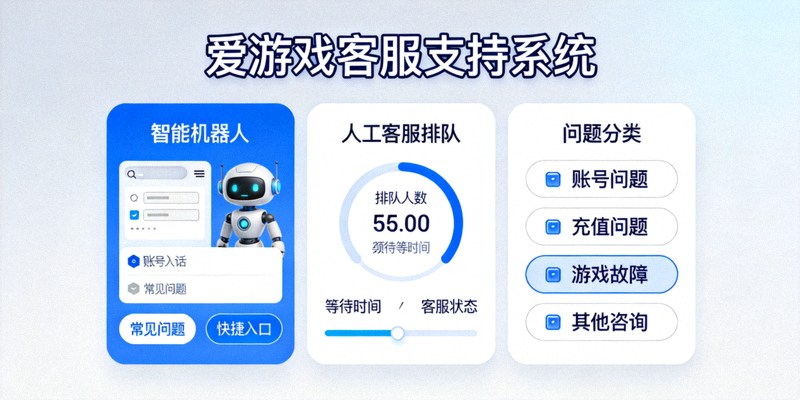 爱游戏全新客服支持系统界面，显示智能机器人、人工客服排队与问题分类