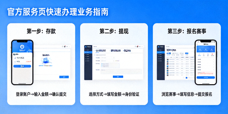 官方服务页快速办理业务指南图解，分步骤展示如何完成存款、提现、报名赛事等操作