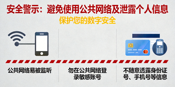 安全警示宣传图，提醒用户避免使用公共网络和泄露个人信息