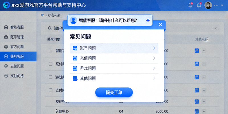ayx爱游戏官方平台帮助与支持中心界面截图，展示智能客服对话框、常见问题分类与提交工单入口