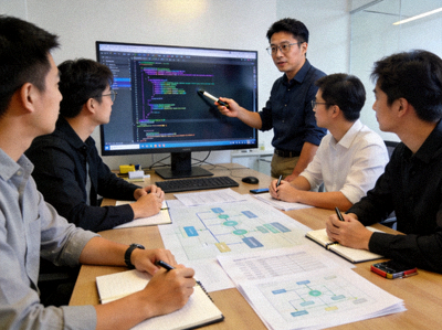 ayx爱游戏技术研发团队负责人正在与团队成员讨论代码与系统架构