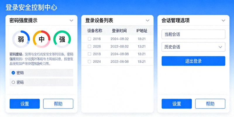 登录安全控制界面示意图，展示密码强度提示、登录设备列表和会话管理选项