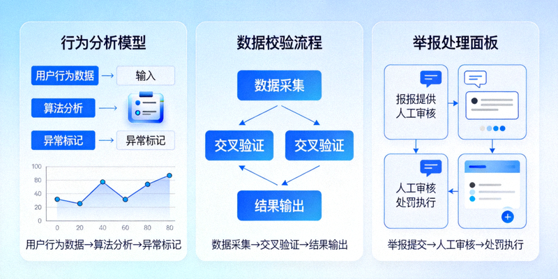 反作弊系统工作原理示意图，展示行为分析模型、数据校验流程和举报处理面板