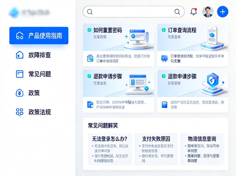客服系统知识库与解决方案库界面，展示丰富的分类文章与常见问题解答