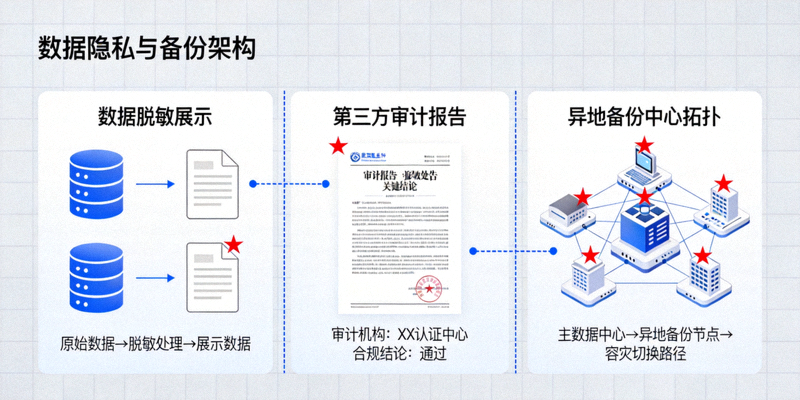 数据隐私与备份架构图，显示数据脱敏展示、第三方审计报告和异地备份中心拓扑
