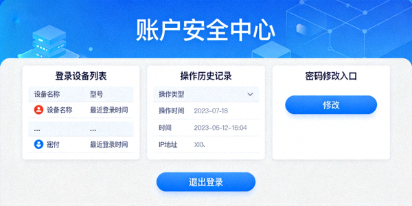 账户安全中心界面，显示登录设备列表、操作历史记录和密码修改入口