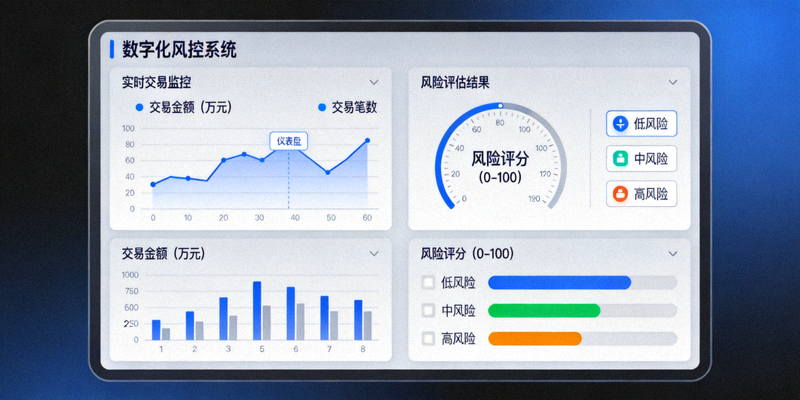 金融服务机构的数字化风控系统界面，展示实时交易监控与风险评估结果