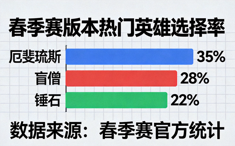 春季赛版本热门英雄选择率图表，显示厄斐琉斯、盲僧、锤石等英雄的高选取率
