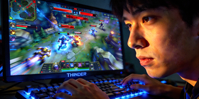 Thunder战队中单选手特写，手指在机械键盘上快速操作，屏幕显示复杂团战场景