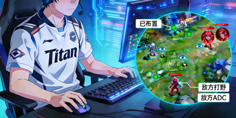 Titan战队辅助选手在比赛中布置视野，地图上显示多个眼位标记与敌方英雄位置