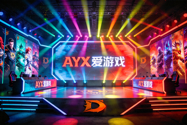 DOTA2国际邀请赛风格舞台，绚丽灯光与巨型屏幕展示AYX爱游戏