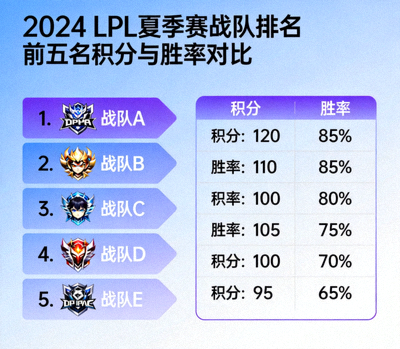 LPL夏季赛战队排名图表，展示前五名战队积分与胜率对比