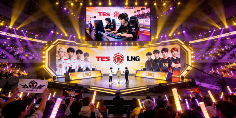 TES与LNG战队在LPL赛场上的对决，观众席灯光璀璨气氛热烈