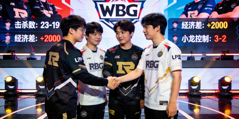 WBG与RNG选手在LPL夏季赛中握手致意，背后大屏幕显示比赛数据