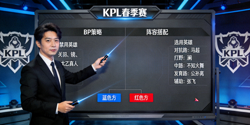 王者荣耀KPL春季赛战术板展示，教练正在讲解BP策略与阵容搭配