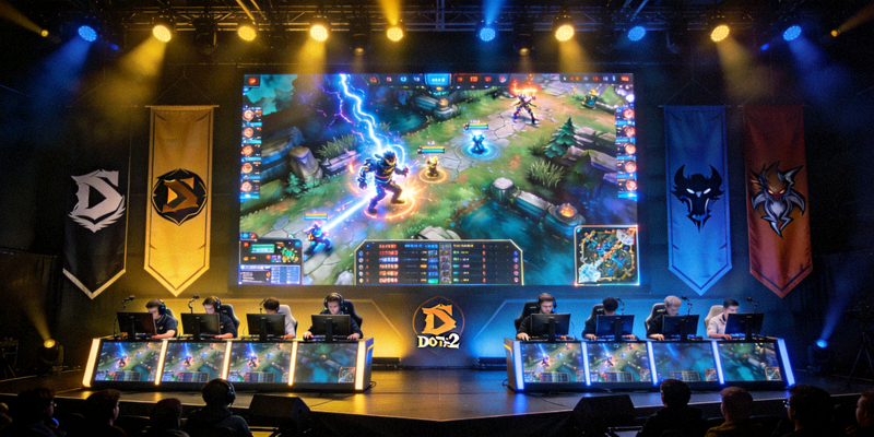 DOTA2国际邀请赛小组赛现场，舞台上两支战队正在激烈对战，大屏幕显示游戏画面