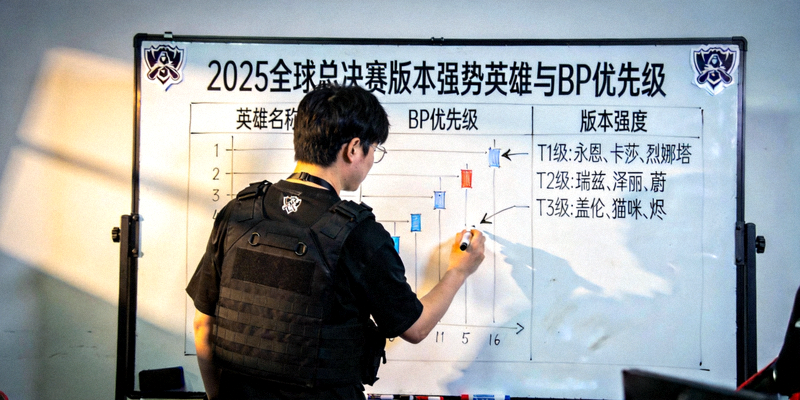 分析师在战术白板上绘制2025全球总决赛版本强势英雄与BP优先级图表
