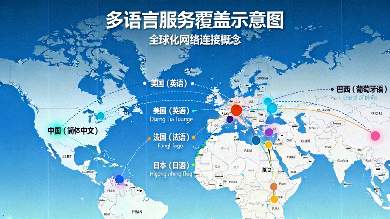 多语言服务覆盖示意图，展示全球化网络连接概念