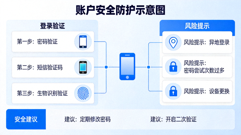账户安全防护示意图，包含登录验证与风险提示相关元素