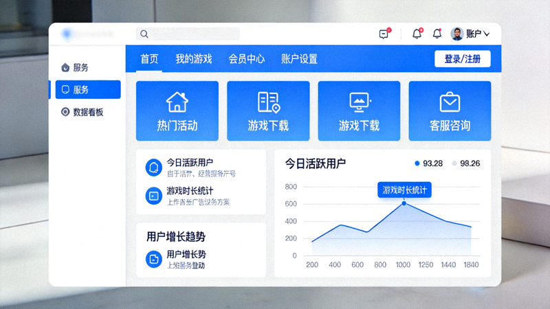 爱游戏官网平台服务页升级后的界面展示，页面顶部为导航与账户入口，中部为服务功能模块与数据看板