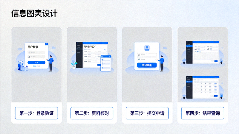爱游戏官网业务办理流程指引图示，依次呈现登录验证、资料核对、提交申请与结果查询四个环节