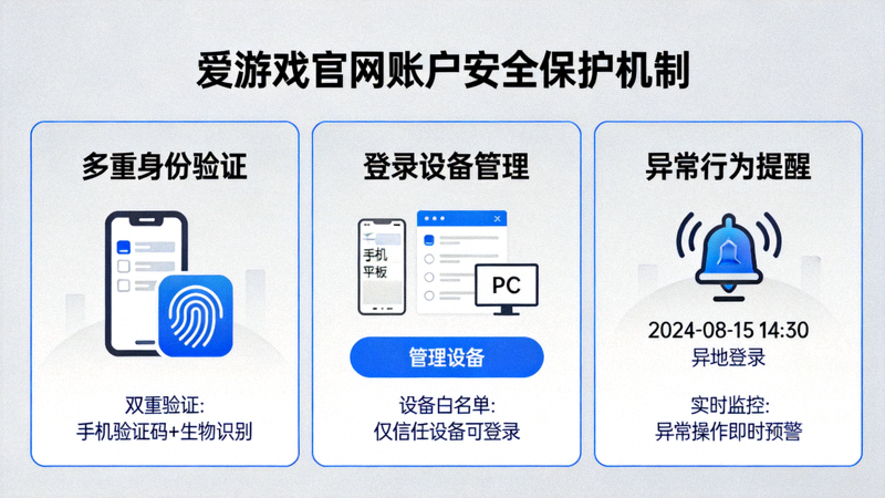 爱游戏官网账户安全保护机制示意图，展示多重身份验证、登录设备管理与异常行为提醒功能