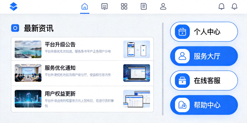官方平台服务页全新升级后的界面展示，包含资讯模块与功能入口