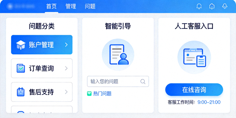 全新客服支持系统界面，展示问题分类、智能引导与人工客服入口