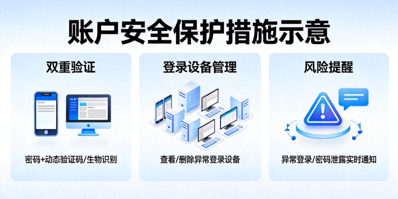 账户安全保护措施示意，包含双重验证、登录设备管理与风险提醒
