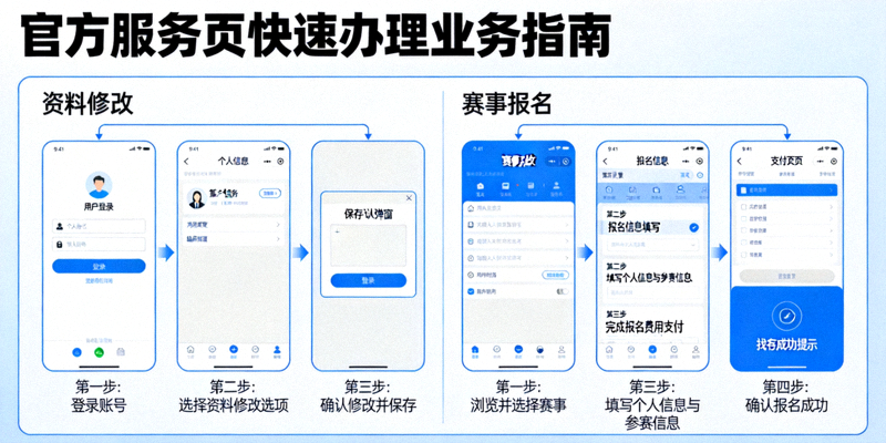 官方服务页快速办理业务指南图解，分步骤展示如何完成资料修改与赛事报名等操作