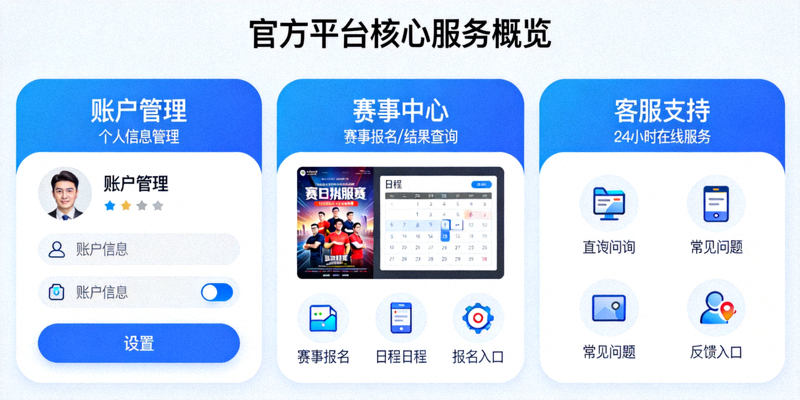 官方平台服务页功能概览场景，展示账户管理、赛事中心与客服支持等核心服务模块