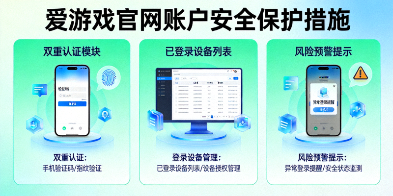 展示爱游戏官网账户安全保护措施的画面，包含双重认证、登录设备管理与风险预警提示