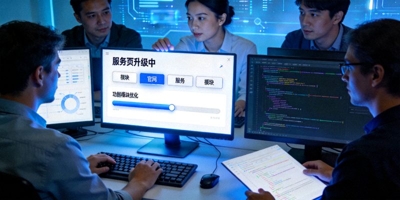 爱游戏官网服务页升级界面展示，多位技术人员正在协作优化平台功能模块