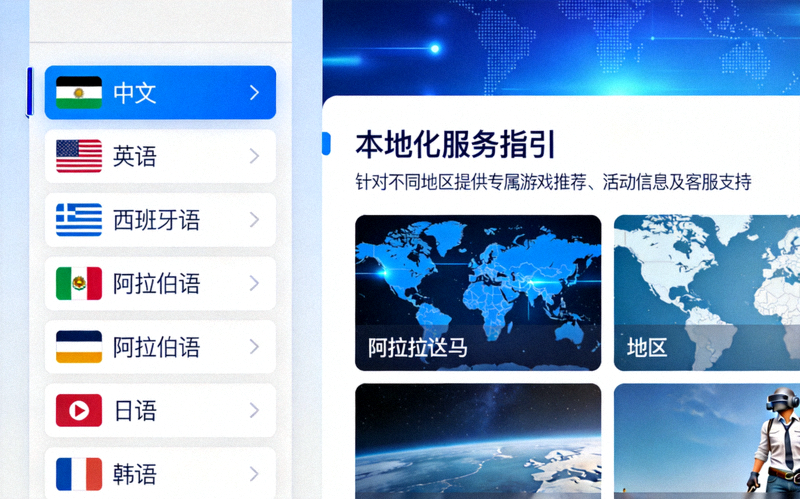 爱游戏平台多语言支持切换界面，展示多种语言选项与本地化服务指引