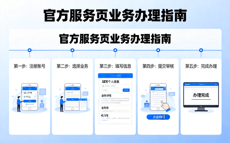 官方服务页业务办理指南图解，分步骤展示常见业务的完成流程