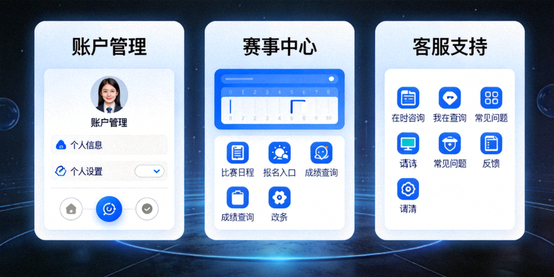 官方平台服务页功能概览图，屏幕上展示账户管理、赛事中心与客服支持等核心模块