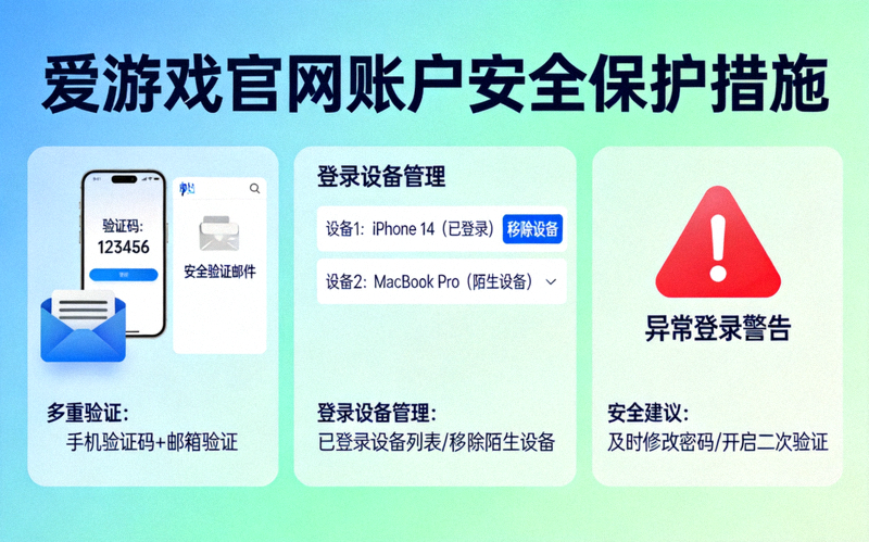 展示爱游戏官网账户安全保护措施，如多重验证、登录设备管理与风险提示
