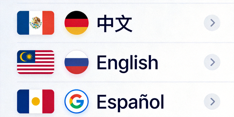 多语言服务切换界面示意图，展示中文、英文、西班牙语等语言选项列表