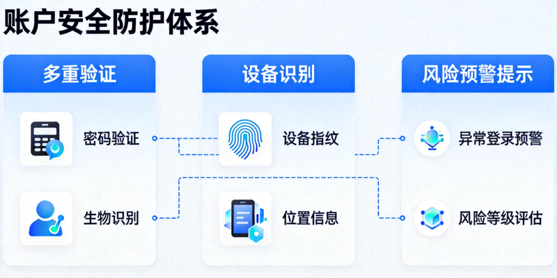 账户安全防护体系示意图，展示多重验证、设备识别与风险预警提示