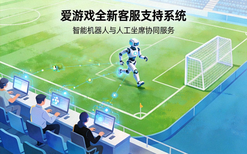 爱游戏全新客服支持系统配图，足球场场景象征智能机器人与人工坐席协同服务