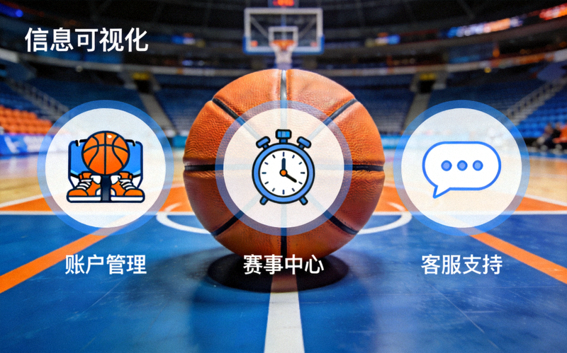 官方平台服务页功能概览配图，篮球运动场景寓意账户管理、赛事中心、客服支持等核心功能