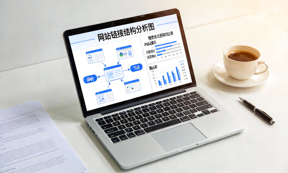 办公桌上摆放的笔记本电脑与数据分析图表，用于展示网站链接结构与搜索优化的分析过程