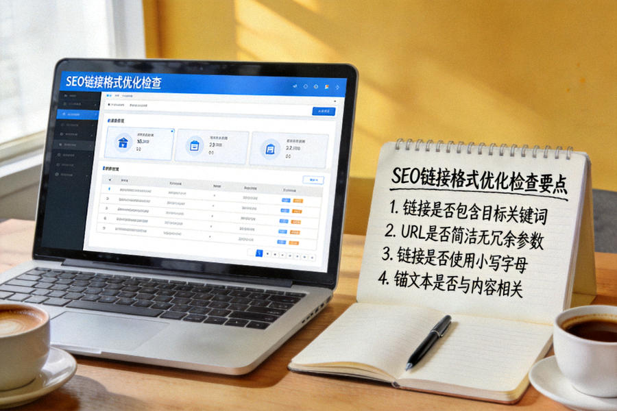 桌面上的笔记本电脑与笔记，用于记录SEO链接格式优化检查要点