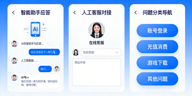 爱游戏全新客服支持系统界面，显示智能助手应答、人工客服对接与问题分类导航