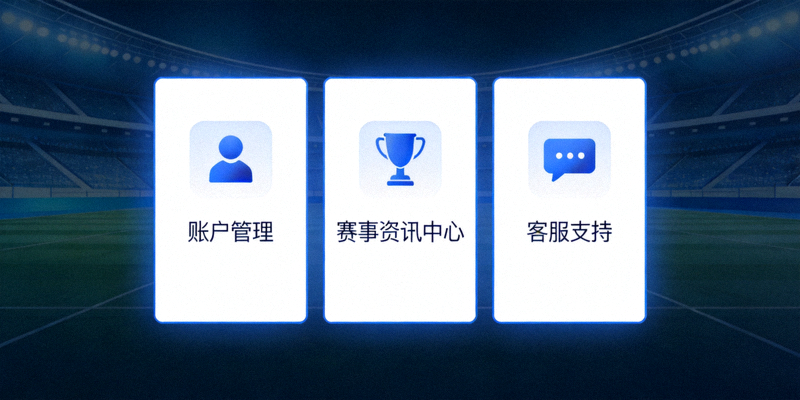 官方平台服务页功能概览图，展示账户管理、赛事资讯中心、客服支持等核心功能入口