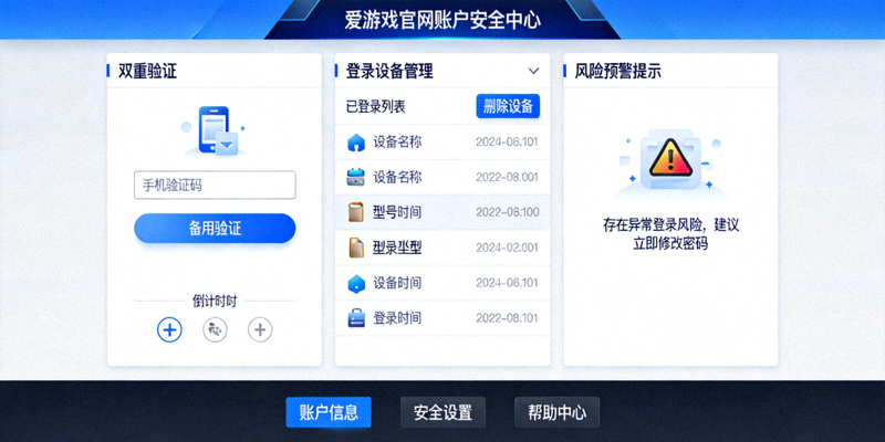展示爱游戏官网账户安全保护措施，包含双重验证、登录设备管理与风险预警提示界面