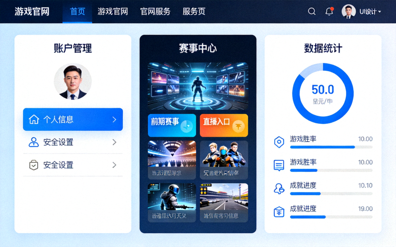 爱游戏官网服务页功能界面展示，包含账户管理、赛事中心与数据统计模块