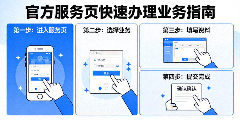 官方服务页快速办理业务指南图解，分步骤展示常用操作流程