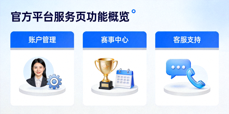 官方平台服务页功能概览图，展示账户管理、赛事中心、客服支持等核心功能