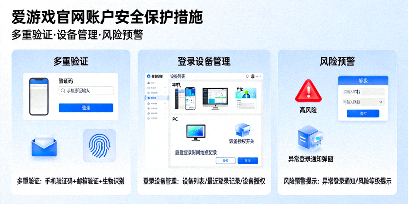 展示爱游戏官网账户安全保护措施，如多重验证、登录设备管理与风险预警提示